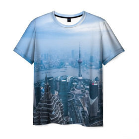 Мужская футболка 3D с принтом Шанхай в Новосибирске, 100% полиэфир | прямой крой, круглый вырез горловины, длина до линии бедер | Тематика изображения на принте: asia | china | shanghai | азия | высотки | китай | мегаполис | центр торговли | шанхай