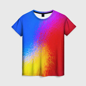 Женская футболка 3D с принтом Взрыв красок в Новосибирске, 100% полиэфир ( синтетическое хлопкоподобное полотно) | прямой крой, круглый вырез горловины, длина до линии бедер | брызги | желтый | красный | синий