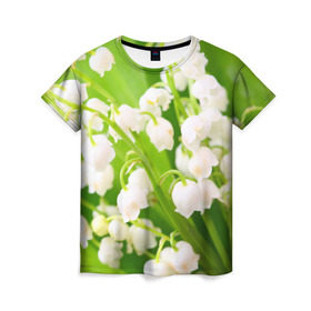 Женская футболка 3D с принтом Ландыши в Новосибирске, 100% полиэфир ( синтетическое хлопкоподобное полотно) | прямой крой, круглый вырез горловины, длина до линии бедер | весна | ландыш | цветок