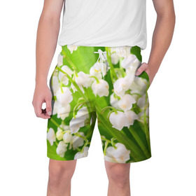 Мужские шорты 3D с принтом Ландыши в Новосибирске,  полиэстер 100% | прямой крой, два кармана без застежек по бокам. Мягкая трикотажная резинка на поясе, внутри которой широкие завязки. Длина чуть выше колен | весна | ландыш | цветок