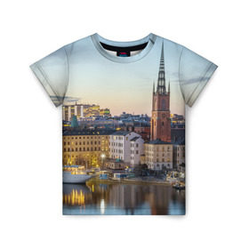 Детская футболка 3D с принтом Швеция в Новосибирске, 100% гипоаллергенный полиэфир | прямой крой, круглый вырез горловины, длина до линии бедер, чуть спущенное плечо, ткань немного тянется | europe | stockholm | sweden | европа | ес | каникулы | отпуск | стокгольм | туризм | швеция