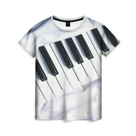 Женская футболка 3D с принтом Клавиши в Новосибирске, 100% полиэфир ( синтетическое хлопкоподобное полотно) | прямой крой, круглый вырез горловины, длина до линии бедер | Тематика изображения на принте: белая | клавиши | музыка | пианино | черная