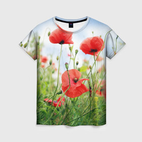 Женская футболка 3D с принтом Дикий мак в Новосибирске, 100% полиэфир ( синтетическое хлопкоподобное полотно) | прямой крой, круглый вырез горловины, длина до линии бедер | зелень | лето | луг | лужайка | мак | небо | облака | поле | полевые цветы | природа | растения | растительность