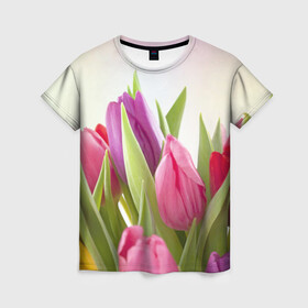 Женская футболка 3D с принтом Тюльпаны в Новосибирске, 100% полиэфир ( синтетическое хлопкоподобное полотно) | прямой крой, круглый вырез горловины, длина до линии бедер | 8 марта | аромат | букет | вазон | великолепие | дача | девушки | женщины | краски | красота | куст | лужайка | милые цветы | огород | палитра | прелесть | радуга | растение | тюльпаны