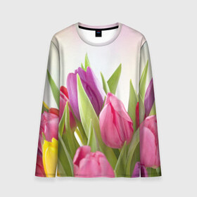 Мужской лонгслив 3D с принтом Тюльпаны в Новосибирске, 100% полиэстер | длинные рукава, круглый вырез горловины, полуприлегающий силуэт | 8 марта | аромат | букет | вазон | великолепие | дача | девушки | женщины | краски | красота | куст | лужайка | милые цветы | огород | палитра | прелесть | радуга | растение | тюльпаны