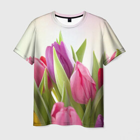 Мужская футболка 3D с принтом Тюльпаны в Новосибирске, 100% полиэфир | прямой крой, круглый вырез горловины, длина до линии бедер | Тематика изображения на принте: 8 марта | аромат | букет | вазон | великолепие | дача | девушки | женщины | краски | красота | куст | лужайка | милые цветы | огород | палитра | прелесть | радуга | растение | тюльпаны