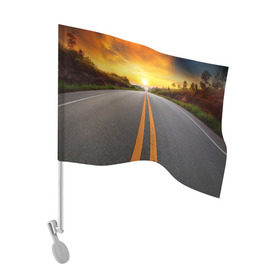Флаг для автомобиля с принтом Дорога в закат в Новосибирске, 100% полиэстер | Размер: 30*21 см | автобус | автостоп | будущее | движение | дорога | закат | заря | маршрут | машина | мотоцикл | небо | приключения | природа | путь | рассвет | солнце | трасса | шоссе