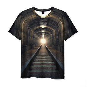 Мужская футболка 3D с принтом Бескрайний тоннель в Новосибирске, 100% полиэфир | прямой крой, круглый вырез горловины, длина до линии бедер | железная дорога | иллюзия | коридор | свет в конце тоннеля | тоннель