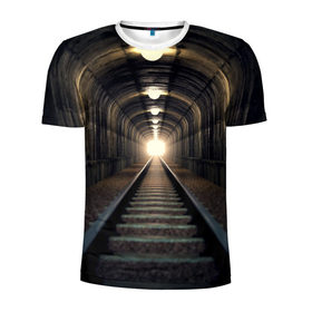 Мужская футболка 3D спортивная с принтом Бескрайний тоннель в Новосибирске, 100% полиэстер с улучшенными характеристиками | приталенный силуэт, круглая горловина, широкие плечи, сужается к линии бедра | Тематика изображения на принте: железная дорога | иллюзия | коридор | свет в конце тоннеля | тоннель