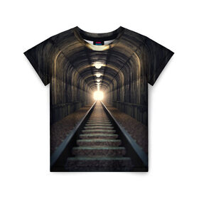 Детская футболка 3D с принтом Бескрайний тоннель в Новосибирске, 100% гипоаллергенный полиэфир | прямой крой, круглый вырез горловины, длина до линии бедер, чуть спущенное плечо, ткань немного тянется | Тематика изображения на принте: железная дорога | иллюзия | коридор | свет в конце тоннеля | тоннель