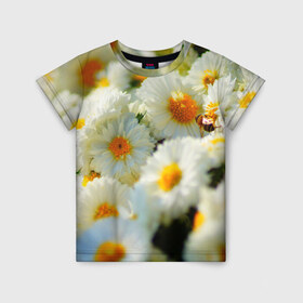 Детская футболка 3D с принтом Хризантемы в Новосибирске, 100% гипоаллергенный полиэфир | прямой крой, круглый вырез горловины, длина до линии бедер, чуть спущенное плечо, ткань немного тянется | Тематика изображения на принте: белая | букет | красота | хризантема | цветок
