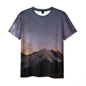 Мужская футболка 3D с принтом Звездное небо в Новосибирске, 100% полиэфир | прямой крой, круглый вырез горловины, длина до линии бедер | горы | звезды | космос | небо | ночь