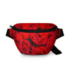 Поясная сумка 3D с принтом Розы в Новосибирске, 100% полиэстер | плотная ткань, ремень с регулируемой длиной, внутри несколько карманов для мелочей, основное отделение и карман с обратной стороны сумки застегиваются на молнию | букет | красная | лепестки | роза | цветы