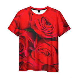 Мужская футболка 3D с принтом Розы в Новосибирске, 100% полиэфир | прямой крой, круглый вырез горловины, длина до линии бедер | букет | красная | лепестки | роза | цветы