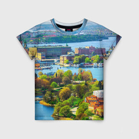 Детская футболка 3D с принтом Швеция в Новосибирске, 100% гипоаллергенный полиэфир | прямой крой, круглый вырез горловины, длина до линии бедер, чуть спущенное плечо, ткань немного тянется | europe | stockholm | sweden | европа | ес | каникулы | отпуск | стокгольм | туризм | швеция