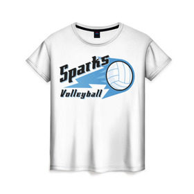 Женская футболка 3D с принтом Волейбол 50 в Новосибирске, 100% полиэфир ( синтетическое хлопкоподобное полотно) | прямой крой, круглый вырез горловины, длина до линии бедер | sparks | volleyball | волейбол
