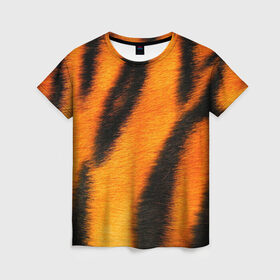 Женская футболка 3D с принтом Шкура тигра в Новосибирске, 100% полиэфир ( синтетическое хлопкоподобное полотно) | прямой крой, круглый вырез горловины, длина до линии бедер | Тематика изображения на принте: кошка | полосатая | текстуры | тигр