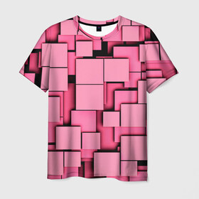 Мужская футболка 3D с принтом Кубики в Новосибирске, 100% полиэфир | прямой крой, круглый вырез горловины, длина до линии бедер | квадраты | объем | плитка | розовый