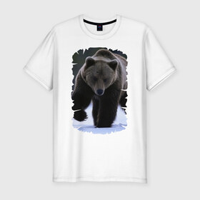 Мужская футболка премиум с принтом Русский медведь в Новосибирске, 92% хлопок, 8% лайкра | приталенный силуэт, круглый вырез ворота, длина до линии бедра, короткий рукав | Тематика изображения на принте: берлога | животное | зверь | косолапый | медведь | мишка | потапыч | хищник | хозяин тайги