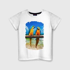 Детская футболка хлопок с принтом Попугаи в Новосибирске, 100% хлопок | круглый вырез горловины, полуприлегающий силуэт, длина до линии бедер | Тематика изображения на принте: джунгли | клюв | острова | перья | попугай | птица | тропики | экзотика