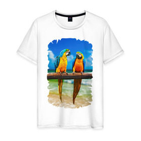 Мужская футболка хлопок с принтом Попугаи в Новосибирске, 100% хлопок | прямой крой, круглый вырез горловины, длина до линии бедер, слегка спущенное плечо. | Тематика изображения на принте: джунгли | клюв | острова | перья | попугай | птица | тропики | экзотика