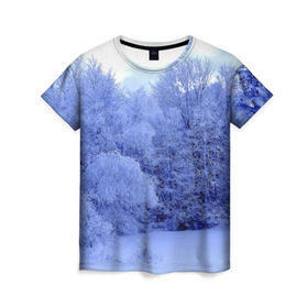 Женская футболка 3D с принтом Зима в Новосибирске, 100% полиэфир ( синтетическое хлопкоподобное полотно) | прямой крой, круглый вырез горловины, длина до линии бедер | деревья | природа | синий | снег | снежный