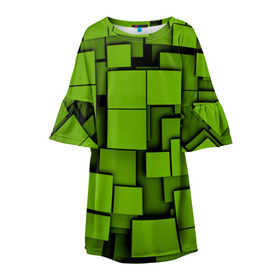 Детское платье 3D с принтом Зеленые кубики в Новосибирске, 100% полиэстер | прямой силуэт, чуть расширенный к низу. Круглая горловина, на рукавах — воланы | кубы | текстура