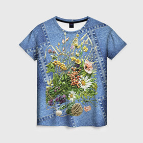 Женская футболка 3D с принтом Джинсовый 11 в Новосибирске, 100% полиэфир ( синтетическое хлопкоподобное полотно) | прямой крой, круглый вырез горловины, длина до линии бедер | Тематика изображения на принте: джинсовый | джинсы | цветы