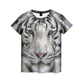 Женская футболка 3D с принтом Бенгальский тигр в Новосибирске, 100% полиэфир ( синтетическое хлопкоподобное полотно) | прямой крой, круглый вырез горловины, длина до линии бедер | tiger | белый | дикая кошка | тигр | хищник
