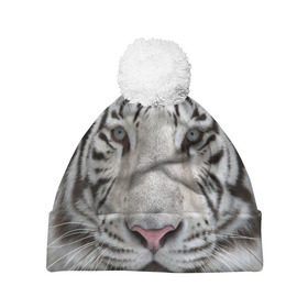Шапка 3D c помпоном с принтом Бенгальский тигр в Новосибирске, 100% полиэстер | универсальный размер, печать по всей поверхности изделия | Тематика изображения на принте: tiger | белый | дикая кошка | тигр | хищник