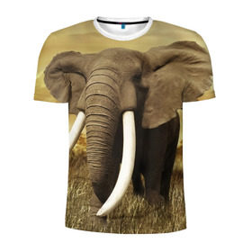 Мужская футболка 3D спортивная с принтом Могучий слон в Новосибирске, 100% полиэстер с улучшенными характеристиками | приталенный силуэт, круглая горловина, широкие плечи, сужается к линии бедра | elephant | африка | бивни | джунгли | мамонт | савана | сафари | слон | хобот