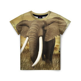 Детская футболка 3D с принтом Могучий слон в Новосибирске, 100% гипоаллергенный полиэфир | прямой крой, круглый вырез горловины, длина до линии бедер, чуть спущенное плечо, ткань немного тянется | Тематика изображения на принте: elephant | африка | бивни | джунгли | мамонт | савана | сафари | слон | хобот