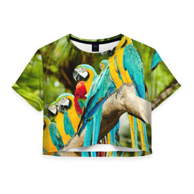 Женская футболка 3D укороченная с принтом Попугаи на ветке в Новосибирске, 100% полиэстер | круглая горловина, длина футболки до линии талии, рукава с отворотами | джунгли | клюв | острова | перья | попугай | птица | тропики | экзотика