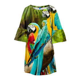 Детское платье 3D с принтом Попугаи на ветке в Новосибирске, 100% полиэстер | прямой силуэт, чуть расширенный к низу. Круглая горловина, на рукавах — воланы | джунгли | клюв | острова | перья | попугай | птица | тропики | экзотика
