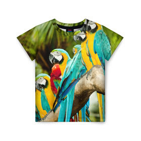 Детская футболка 3D с принтом Попугаи на ветке в Новосибирске, 100% гипоаллергенный полиэфир | прямой крой, круглый вырез горловины, длина до линии бедер, чуть спущенное плечо, ткань немного тянется | Тематика изображения на принте: джунгли | клюв | острова | перья | попугай | птица | тропики | экзотика