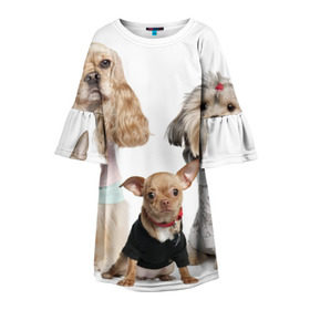Детское платье 3D с принтом Дивные собачки в Новосибирске, 100% полиэстер | прямой силуэт, чуть расширенный к низу. Круглая горловина, на рукавах — воланы | весёлый | животное | зверёк | игривый | классный | красивый | лучший друг человека | любимец | милый | охрана | пёс | питомец | прикольный | смешной | собака | собачонка | ум | щенок | щеночек