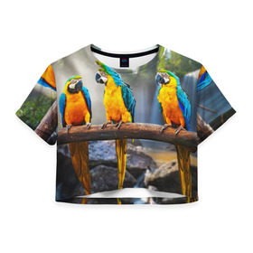 Женская футболка 3D укороченная с принтом Экзотические попугаи в Новосибирске, 100% полиэстер | круглая горловина, длина футболки до линии талии, рукава с отворотами | джунгли | клюв | острова | перья | попугай | птица | тропики | экзотика