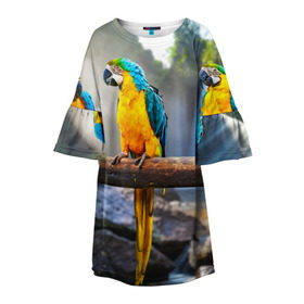 Детское платье 3D с принтом Экзотические попугаи в Новосибирске, 100% полиэстер | прямой силуэт, чуть расширенный к низу. Круглая горловина, на рукавах — воланы | Тематика изображения на принте: джунгли | клюв | острова | перья | попугай | птица | тропики | экзотика