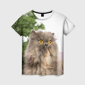 Женская футболка 3D с принтом Пушистый кот в Новосибирске, 100% полиэфир ( синтетическое хлопкоподобное полотно) | прямой крой, круглый вырез горловины, длина до линии бедер | 
