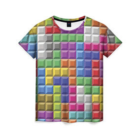 Женская футболка 3D с принтом Цветной тетрис в Новосибирске, 100% полиэфир ( синтетическое хлопкоподобное полотно) | прямой крой, круглый вырез горловины, длина до линии бедер | тетрис