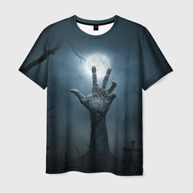 Мужская футболка 3D с принтом Рука зомби в Новосибирске, 100% полиэфир | прямой крой, круглый вырез горловины, длина до линии бедер | кладбище | луна | мертвец