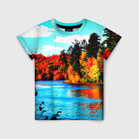 Детская футболка 3D с принтом Озеро в Новосибирске, 100% гипоаллергенный полиэфир | прямой крой, круглый вырез горловины, длина до линии бедер, чуть спущенное плечо, ткань немного тянется | деревья | красные листья | кусты | осень | природа | река