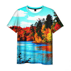 Мужская футболка 3D с принтом Озеро в Новосибирске, 100% полиэфир | прямой крой, круглый вырез горловины, длина до линии бедер | Тематика изображения на принте: деревья | красные листья | кусты | осень | природа | река