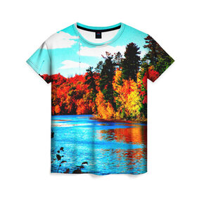 Женская футболка 3D с принтом Озеро в Новосибирске, 100% полиэфир ( синтетическое хлопкоподобное полотно) | прямой крой, круглый вырез горловины, длина до линии бедер | деревья | красные листья | кусты | осень | природа | река