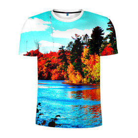 Мужская футболка 3D спортивная с принтом Озеро в Новосибирске, 100% полиэстер с улучшенными характеристиками | приталенный силуэт, круглая горловина, широкие плечи, сужается к линии бедра | Тематика изображения на принте: деревья | красные листья | кусты | осень | природа | река