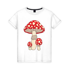 Женская футболка хлопок с принтом Мухоморы в Новосибирске, 100% хлопок | прямой крой, круглый вырез горловины, длина до линии бедер, слегка спущенное плечо | грибы | поганки