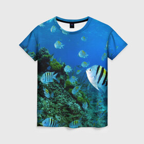 Женская футболка 3D с принтом Подводный мир в Новосибирске, 100% полиэфир ( синтетическое хлопкоподобное полотно) | прямой крой, круглый вырез горловины, длина до линии бедер | дно | океан | природа | рыбки