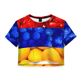 Женская футболка 3D укороченная с принтом Флаг Армении в Новосибирске, 100% полиэстер | круглая горловина, длина футболки до линии талии, рукава с отворотами | Тематика изображения на принте: армения | гранат | персик | слива | страны | флаг армении | фрукты