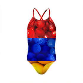 Детский купальник 3D с принтом Флаг Армении в Новосибирске, Полиэстер 85%, Спандекс 15% | Слитный крой, подклад по переду изделия, узкие бретели | армения | гранат | персик | слива | страны | флаг армении | фрукты