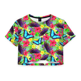 Женская футболка 3D укороченная с принтом Summer Butterflies в Новосибирске, 100% полиэстер | круглая горловина, длина футболки до линии талии, рукава с отворотами | Тематика изображения на принте: бабочки | лето | пестрый | разноцветный